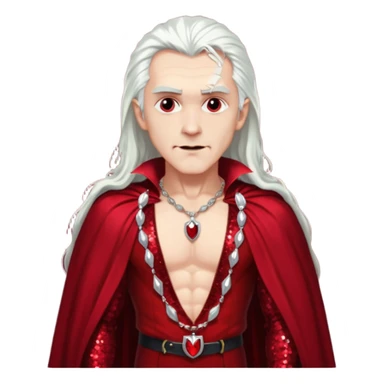 Dracula with long white hair, dark red sequin baggy pants, shirtless with necklace, dark red sequin cape sticker