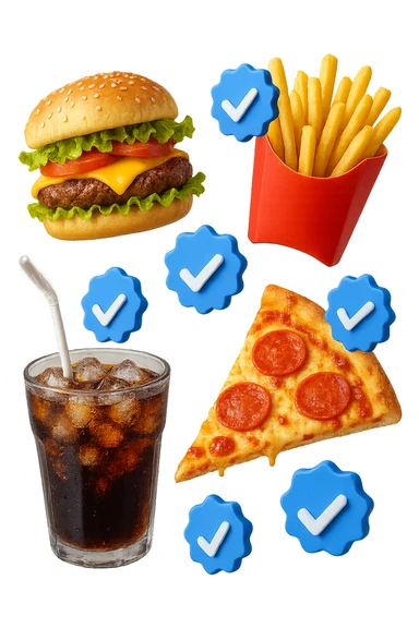 fast food realistico fluttua in aria insieme a spunte di verificato in 3d sticker
