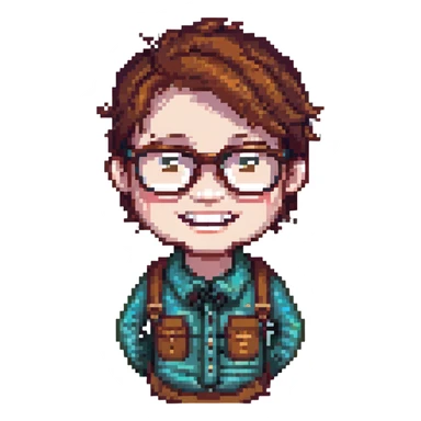 pixel art icon of a nerd with glasses, buck teeth, and a friendly expression sticker