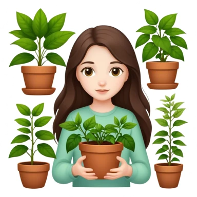 beautiful pale brunette girl with long hair holding plants in the pots sticker