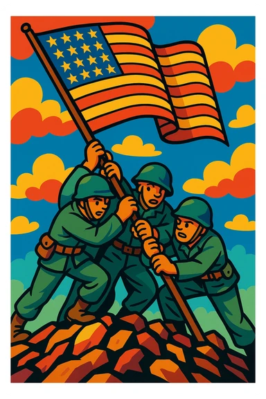 three soldiers pushing a flagpole inspired by the Raising the Flag on Iwo Jima photo, vibrant toon style, colorful and expressive, no text sticker