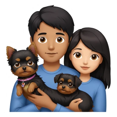 A couple holding holding a small Yorkshire Terrier together. The girl is an Asian girl with long, luscious wavy black hair (loose, no hair tie). She is standing beside a brown-skinned man with a short middle part haircut.  sticker