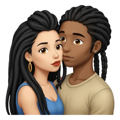 Latina Woman with long hair kissing a young black guy with dreads chin hair sticker
