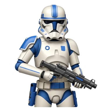 A starwars 501st clonetrooper with rally makes on the helmet holding his blaster in his left hand aiming the gun up with elbow bent so it’s not above the head sticker