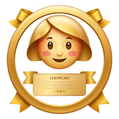 Apple iOS emoji style certificate icon, white document with rounded corners, gold seal and ribbon, soft gradients, glossy 3D emoji look, minimal, clean, centered, transparent background sticker