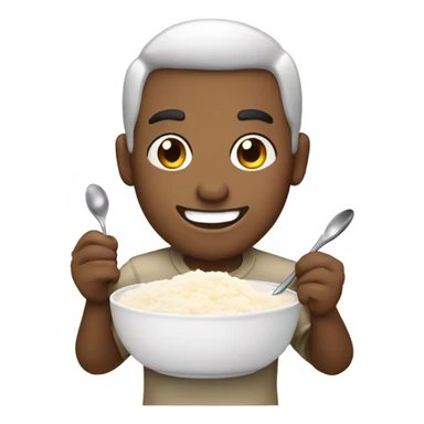 Man with smile eating rice pudding with spoon bowl white rice sticker