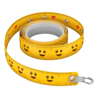 Cute emoji-style measuring tape roll, yellow color with orange highlights, soft edges, small eyes and smile for fun cartoon effect, simple emoji icon style. sticker