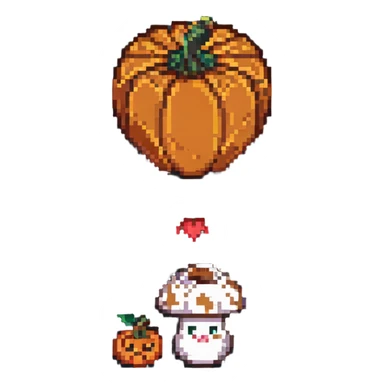 heart with a mushroom on one side and a pumpkin on the other, pixel art style sticker