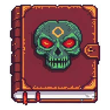 ancient red spellbook with ominous face on cover in pixel art style sticker