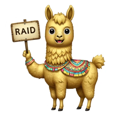 A small golden llama silhouette holding a sign in its teeth that says RAID sticker