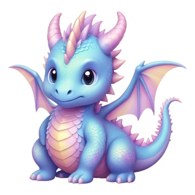 Cinematic fluffy pastel dragon, tiny round wings, chubby feet, sparkling gentle eyes, delicate glowing scales, soft colors blending magically, enchanting and whimsical. sticker