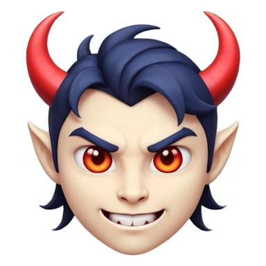 Demon cartoon emoji character, confident and edgy expression, sharp eyes, subtle smirk, small curved horns, clean stylized face, not cute, not scary, balanced dark and saturated colors, bold shapes, modern emoji-style illustration, high contrast, strong character presence sticker