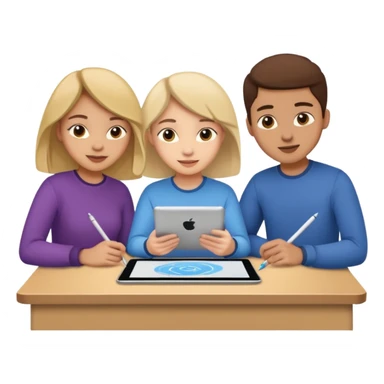 three students collaborating on design with drawing tablets and computers sticker