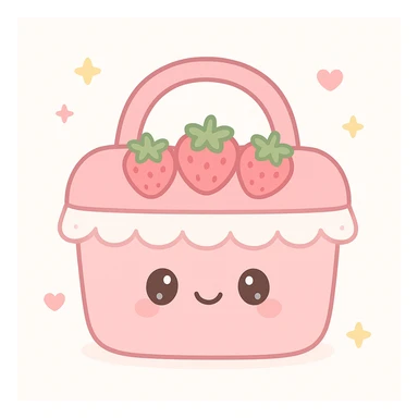 a pink picnic basket with strawberries and lace, cottagecore style, gentle and romantic sticker