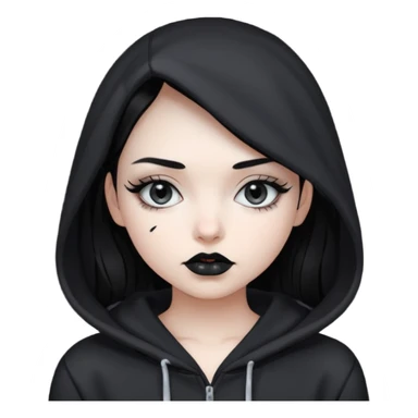 Black haired girl, silver eyes, black lipstick, white skin, black hoodie sticker