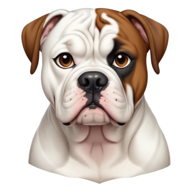 Cinematic Noble Black and White American Bulldog Portrait Emoji, Poised and regal, with a strong, muscular build and a striking black and white coat, deep-set soulful brown eyes, Simplified yet sharp and sophisticated features, highly detailed, glowing with a soft, dignified glow, high shine, intelligent and loyal, stylized with an air of strength, focused and attentive, soft glowing outline, capturing the essence of a watchful and confident guardian, so majestic it feels as though it could step out of the screen with effortless authority! sticker