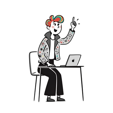 Edgy female rock musician with colorful tattoo sleeve, undercut hairstyle with vibrant dyed hair, wearing leather jacket, sitting at classroom desk with laptop, hand raised enthusiastically sticker