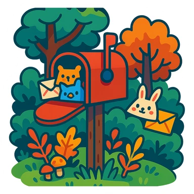 forest mailbox with tiny animal letters, cozy woodland theme, vibrant toon style, colorful and lively sticker