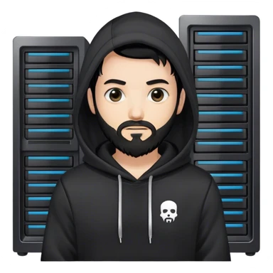 hackeur blanc cheveux noir barbe et capuche noir à côté d'un server ia sticker