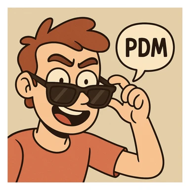 a cartoon face lowering sunglasses, speech bubble with 'PDM', playful and energetic sticker