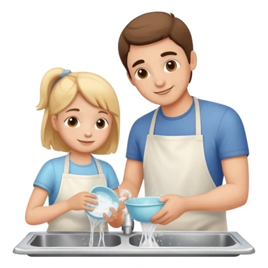child and parent washing dishes together, friendly and caring sticker