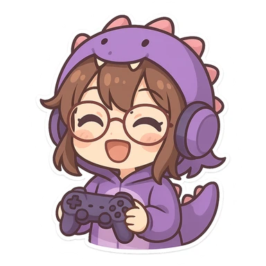 chibi anime style gamer girl with glasses, brown hair, dark purple eyes, wearing a purple dinosaur costume, happy emote sticker