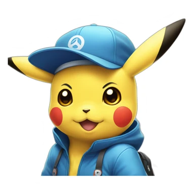 pikachu in blue train station suit wearing blue cap with pokemon symbol in the middle sticker