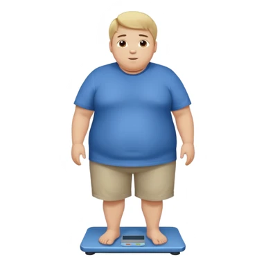 A young slightly overweight male with short dark-blonde hair, medium-light skin, and a relieved facial expression. He stands on a scale, visibly noticing he has lost weight. He wears blue cloth. His posture shows a mix of surprise and relief, with relaxed shoulders and a gentle smile. sticker