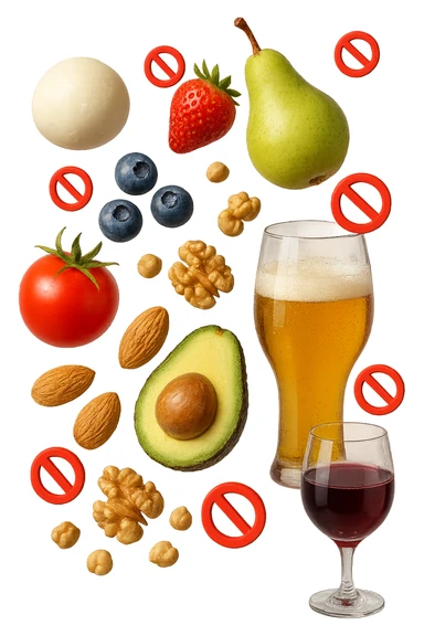 mozzarella, frutta legumi, frutta secca, birra e vino realistici fluttuano in aria con piccoli divieti 3d, IPERREALISTICO 4K sticker