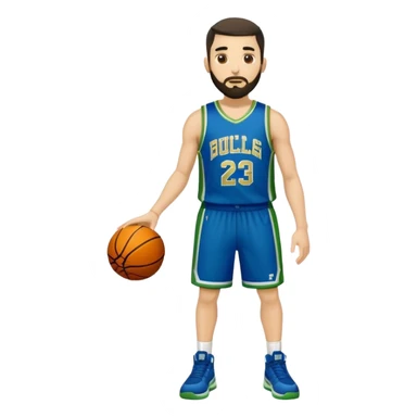 Full Body  white male basketball player with short dark hair and gold tee beard wearing blue and green uniform sticker