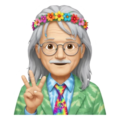 elderly man with long grey hair, glasses, peace sign necklace, tie-dye clothing, flower crown sticker