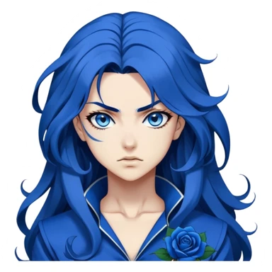 head portrait of anime girl with long dark blue hair, blue rose in hair, fierce blue eyes, extremely intense JoJo's Bizarre Adventure style expression, dramatic angle, bold outlines, strong shading sticker