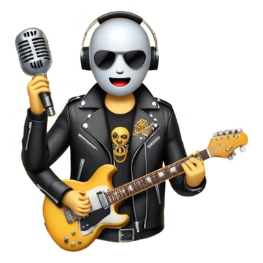 Create a bold and energetic emoji representing rock vocal performance, using a humanless collage. The design should feature a classic vintage microphone as the central element, surrounded by electric guitars, amplifiers, and musical notes that suggest the powerful sound of rock music. Add elements like a leather jacket, electric sparks, and soundwaves to evoke the raw energy and rebellious spirit of rock. Use strong, dynamic colors like black, red, silver, and electric blue to reflect the intensity of rock music. The background should be transparent. sticker