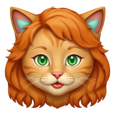 Light-brown wavy hairs, green-blue eyes, light olive skin, red plump lips, orange cat sticker