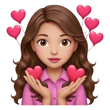 girl with long wavy brown hair, brown eyes, light to medium complexion, in a pink shirt, pink lips, long lashes, many  hearts in hand sticker