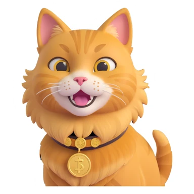 fun and meme-like cat inspired by the Dogecoin logo, golden fur, playful expression, with a coin collar sticker