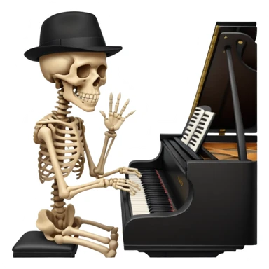 a human skeleton in anatomical proportion wears a black hat and plays the piano sticker