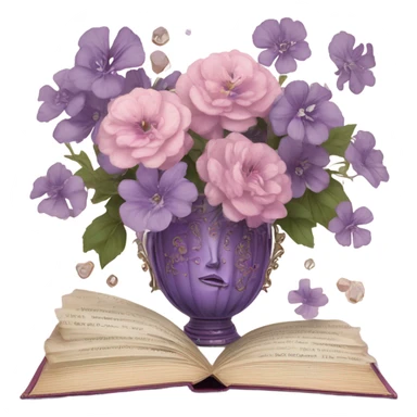 An aesthetic arrangement of a violet vintage book and pink flowers in a glass vase, surrounded by antique letters sticker