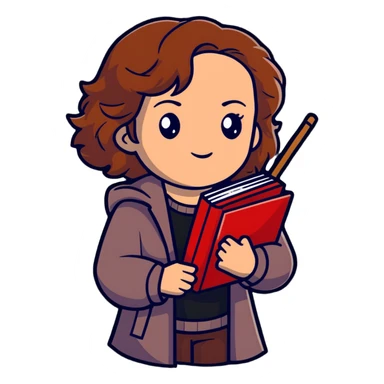 Hermione Granger with stack of books and wand sticker