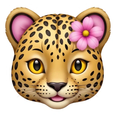 A leopard with peaceful smile, A pink flower with a yellow center is tucked behind its right ear
 sticker