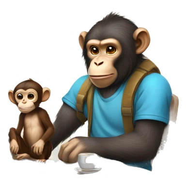 A monkey working on laptop and drinking boba tea and his pet is human  sticker