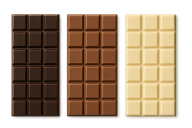 3 BARRETTE DI CIOCCOLATO, UNA FONDENTE, UNA AL LATTE E UNA BIANCA, VISTE DALL'ALTO, IPERREALISTICO 4K sticker