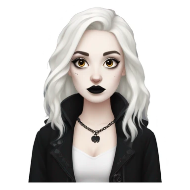 Goth girl, dressed in black, pale skin, trad goth makeup, big eyeliner, white foundation, batmests, black, thick hair sticker