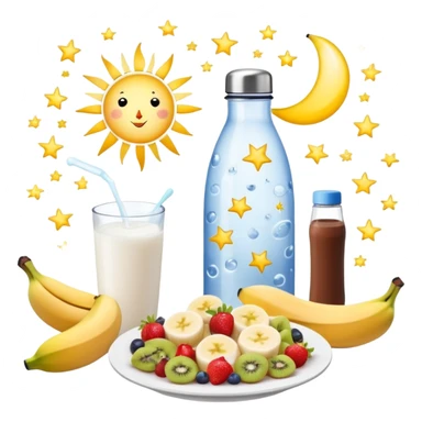 Mystical daily routine constellation: water bottle, sun, chicken plate, banana, gym weight, yogurt, fruits and chocolate, and moon symbols arranged like stars in a constellation pattern with glowing lines connecting them in sequence sticker