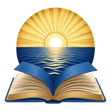 deep blue-to-golden sunrise book with textured aged cover, radiating hope, purpose, power of finding meaning in adversity sticker