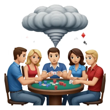 people sitting around a game table with a tornado sticker