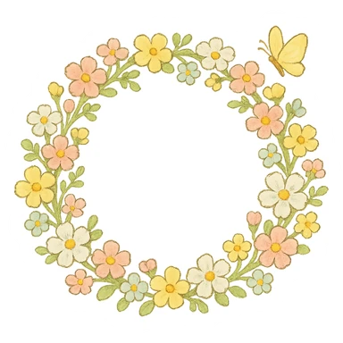 a floral wreath made of small pastel flowers with a tiny butterfly, Japanese hand-drawn, full object, transparent background sticker