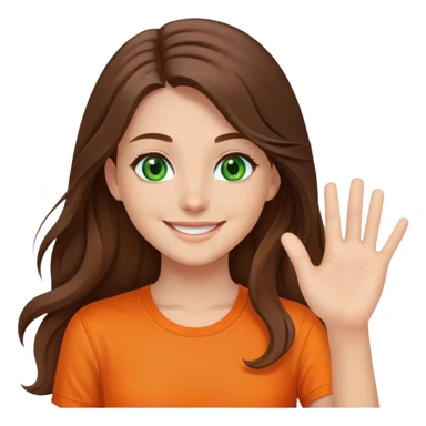 smiling girl with long brown hair, middle hair split, waving, green eyes, orange shirt sticker