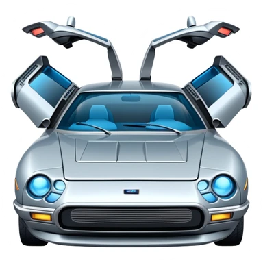 Retro-futuristic hover car inspired by the DeLorean, gullwing doors, silver metallic body with blue-tinted windows, stylized jet boosters in the back, flat vector style, outlined shapes, minimal design sticker