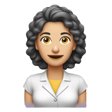 Mulher branca, Nutricionista com jaleco cor de rosa, cabelos longos e ondulados, boca pequena, olhos e cabelos castanhos.  sticker